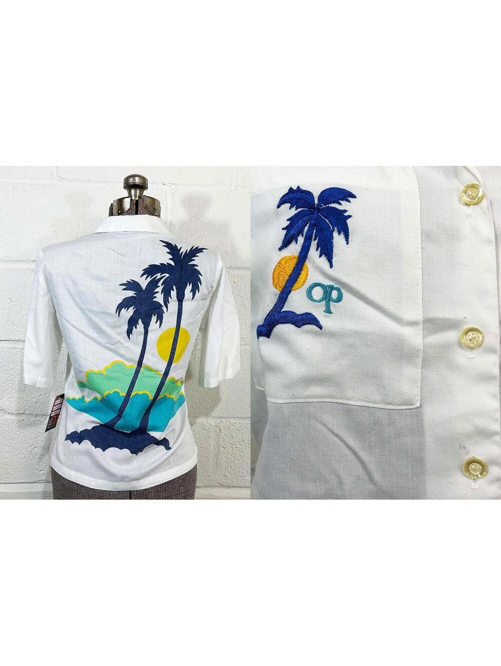 70s Ocean Pacific Shirt Embroidered Palm Tree Surfer Style Medium